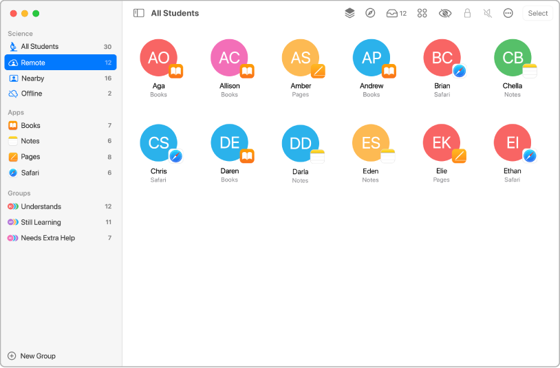 The Classroom window showing selected students who are remote.