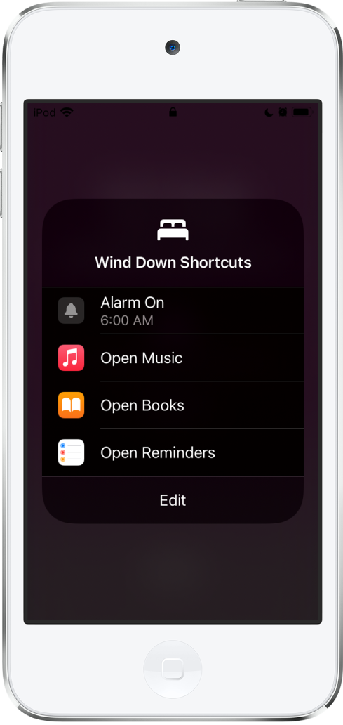 A Wind Down Shortcuts screen with shortcuts to open Music, Books, and Reminders.