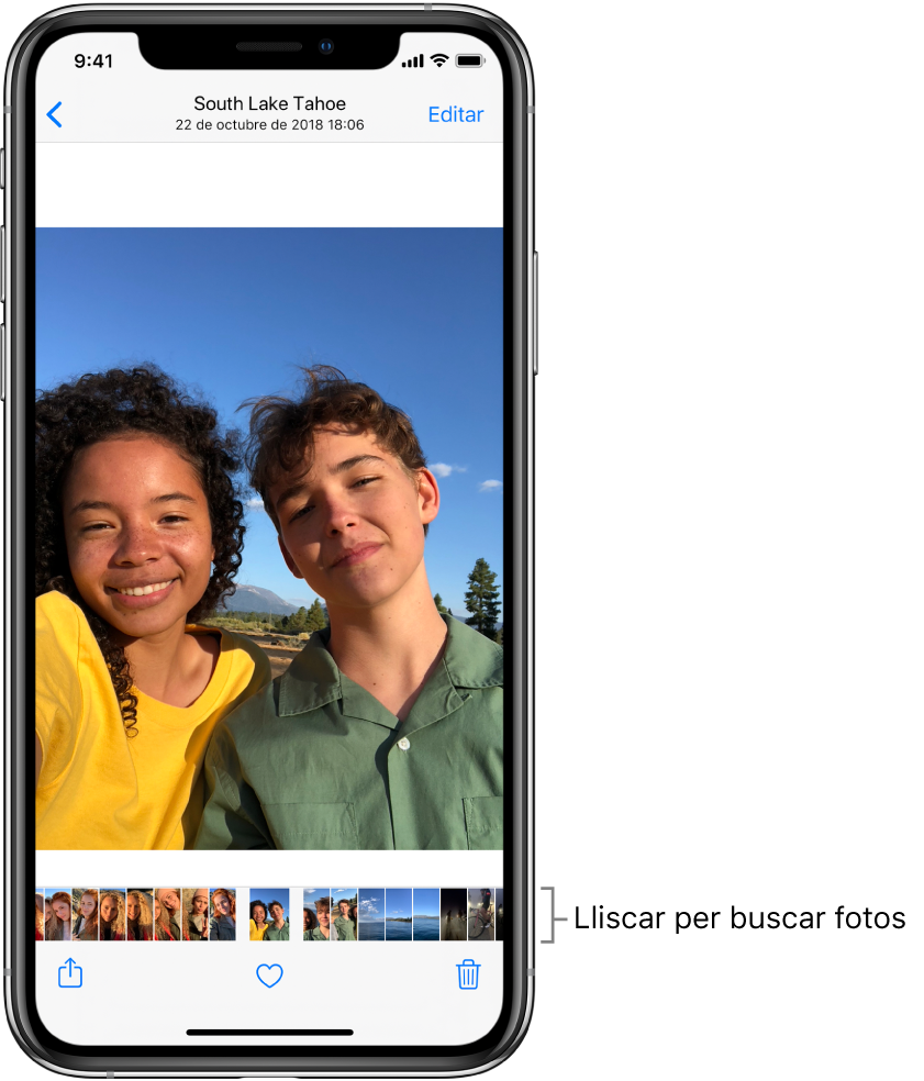 Foto amb miniatures d’altres fotos al llarg de la part inferior de la pantalla. A l’angle superior esquerre hi ha un botó per anar enrere que et porta a la vista que estaves explorant. A la part inferior es troben els botons Compartir, M’agrada i Paperera. A la part superior dreta hi ha el botó Editar.