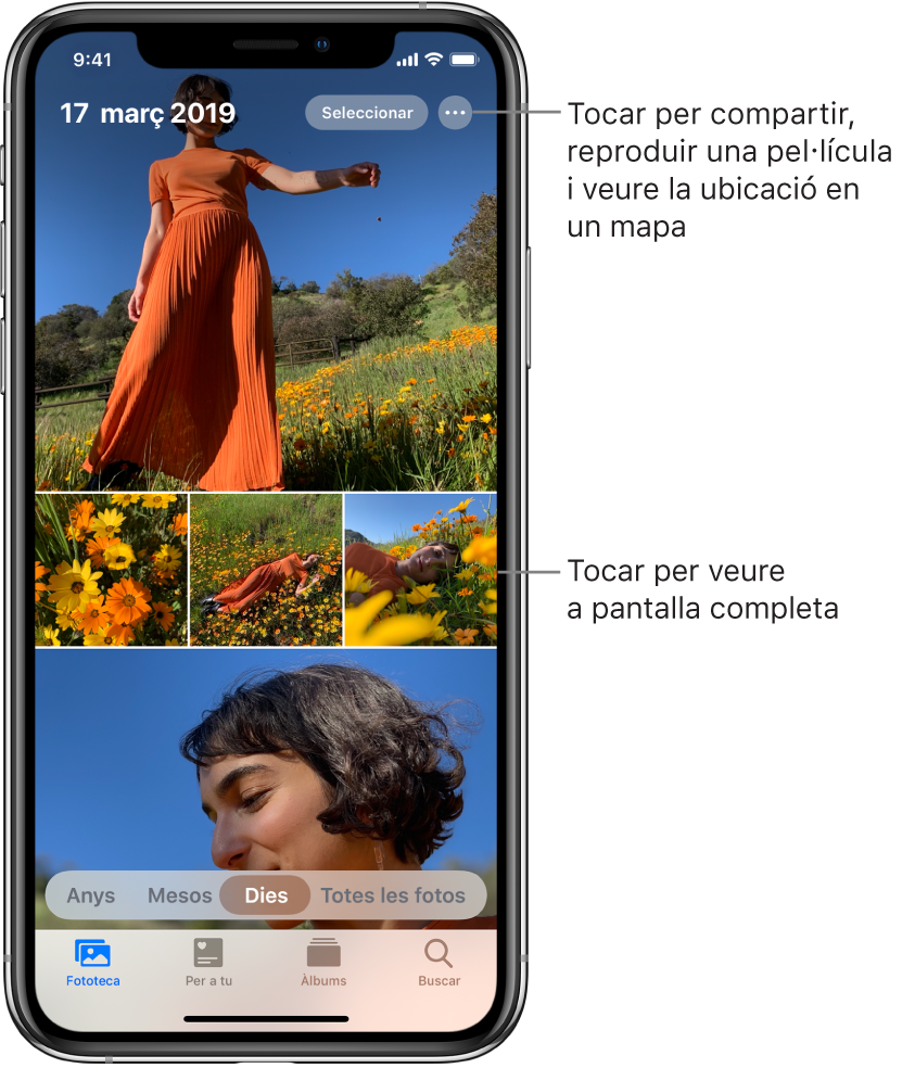 Es mostra la fototeca amb la vista Dies. A la pantalla hi ha una selecció de miniatures de fotos. A la part superior esquerra de la pantalla es mostra la data i la ubicació en què s’han fet les fotos. A la part superior dreta hi ha els botons Seleccionar i “Més opcions” per compartir fotos i veure’n els detalls. A sota de les miniatures hi ha opcions per veure la fototeca per Anys, Mesos, Dies i “Totes les fotos”. Al llarg de la part inferior hi ha les pestanyes Biblioteca, “Per a tu”, Àlbums i Buscar.