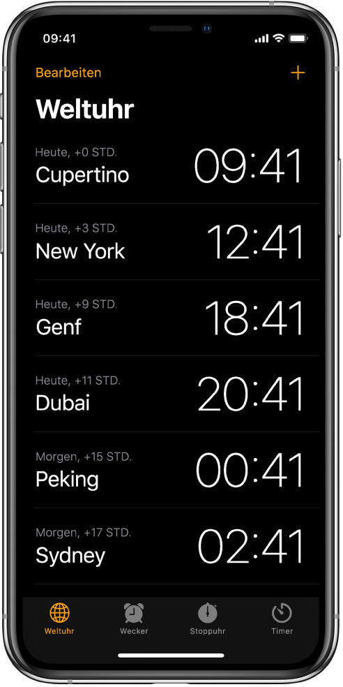 Der Tab „Weltuhr“ mit der Uhrzeit in verschiedenen Städten. Tippe oben links auf „Bearbeiten“, um die Uhren anzuordnen. Tippe oben rechts auf die Taste „Hinzufügen“, um weitere Uhren hinzuzufügen. Unten befinden sich Tasten für „Weltuhr“, „Wecker“, „Stoppuhr“ und „Timer“.