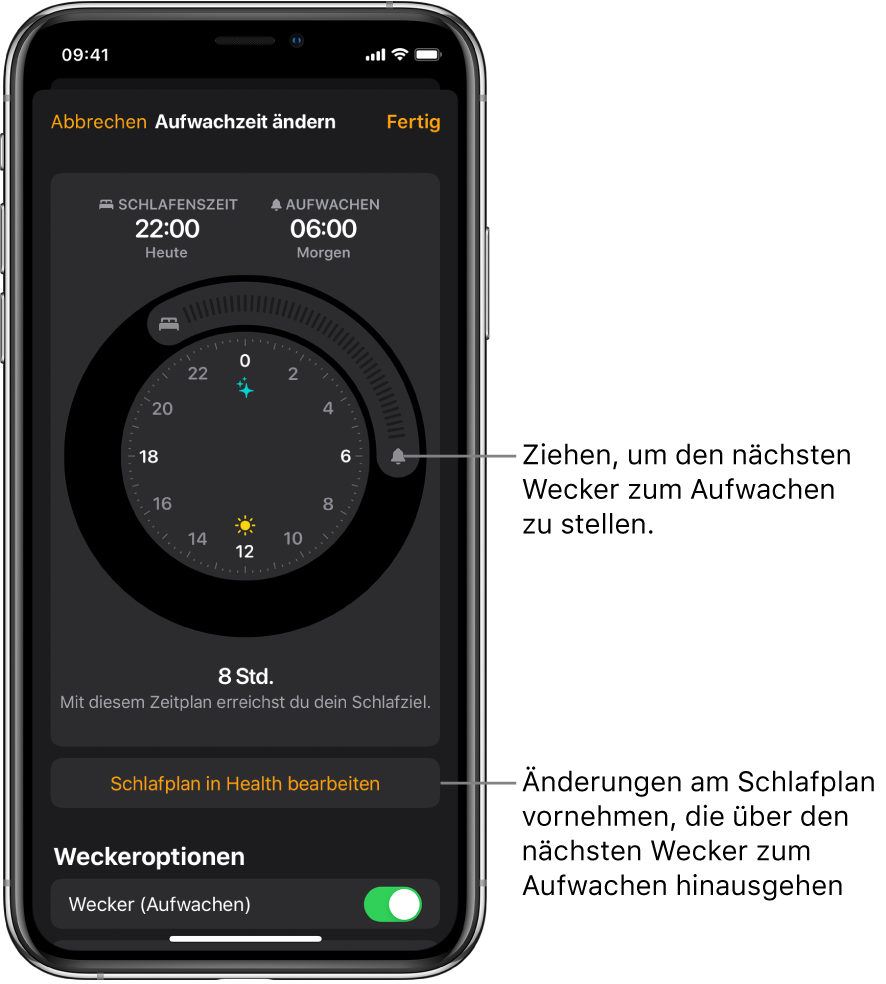 Ein Bildschirm zum Ändern des Weckers zum Aufwachen für morgen. Durch Ziehen kann mit jeweiligen Symbolen die Schlafenszeit und die Aufwachzeit verändert werden. Außerdem ist eine Taste zum Ändern des Schlafplans in der App „Health“ zu sehen sowie eine Taste zum Aktivieren oder Deaktivieren des Weckers zum Aufwachen.