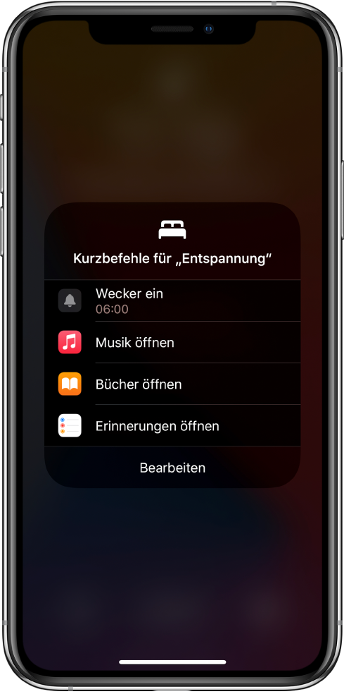 Die Anzeige „Kurzbefehle für ,Entspannung‘“ mit Kurzbefehlen zum Öffnen der Apps „Musik“, „Bücher“ und „Erinnerungen“.