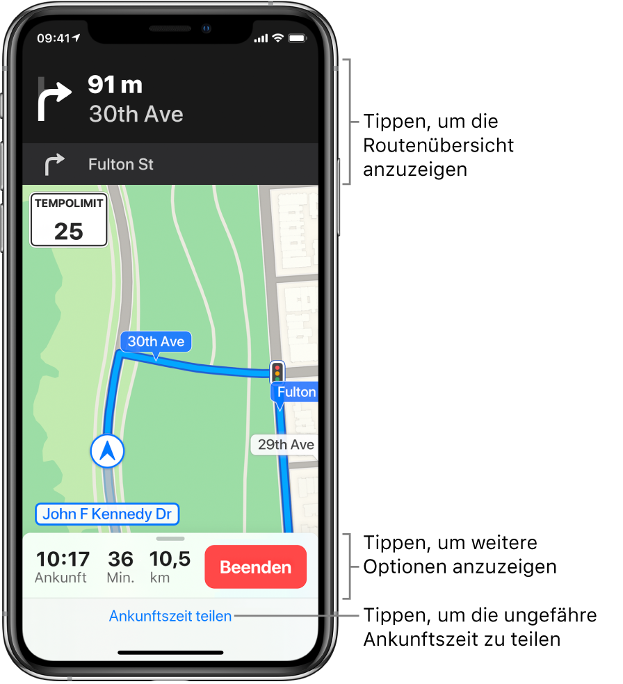 Eine Karte mit einer Route und der Anweisung, nach etwa 75 Metern nach rechts abzubiegen. Am unteren Kartenrand werden links neben der Taste „Beenden“ die voraussichtliche Ankunftszeit, die verbleibende Fahrzeit und die Fahrstrecke in Meilen angezeigt. Unten auf dem Bildschirm ist die Taste „Ankunftszeit teilen“ zu sehen.