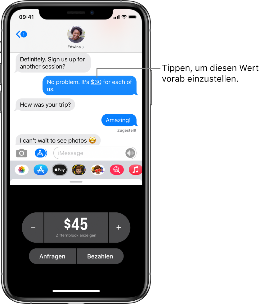 Eine iMessage-Konversation mit der geöffneten App „Apple Pay“ unten.