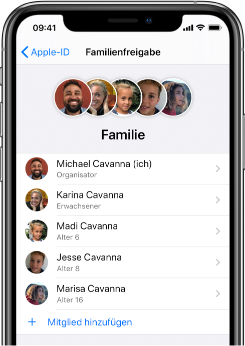 Der Bildschirm „Familienfreigabe“ in der App „Einstellungen“. Die Liste umfasst fünf Familienmitglieder und unten ist die Option „Mitglied hinzufügen“ zu sehen.