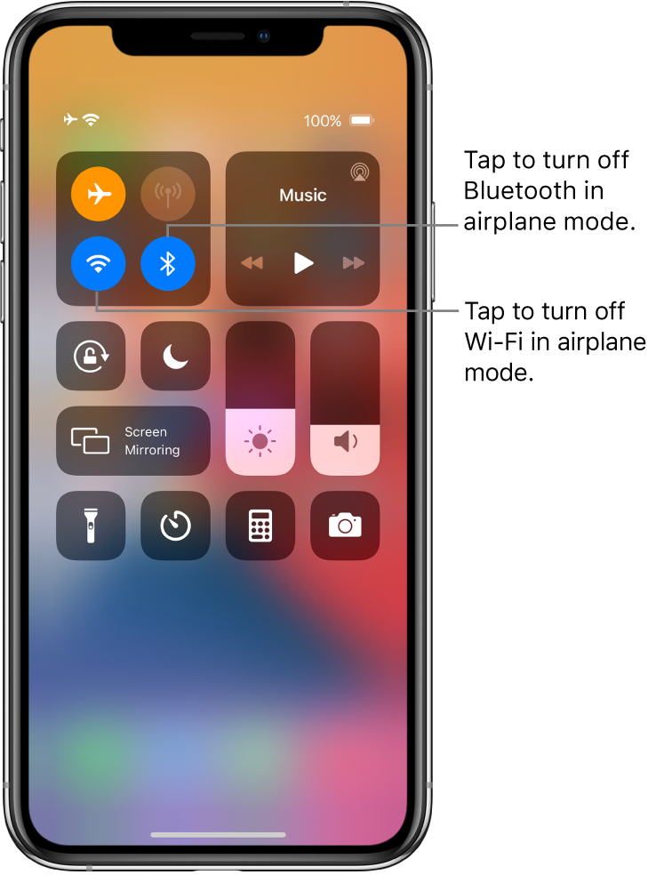 Control Center with airplane mode on, with callouts explaining that tapping the bottom-left button in the top-left group of controls turns off Wi-Fi and tapping the bottom-right button in that group turns off Bluetooth.