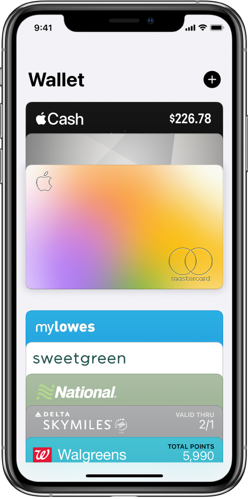 The Wallet screen, showing several payment cards and passes.
