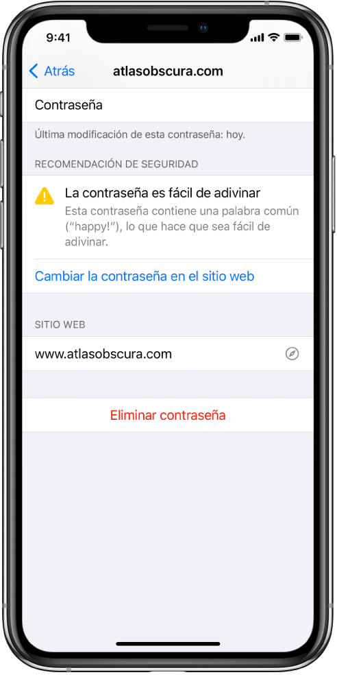 Pantalla de una cuenta en los ajustes de Contraseñas. Una recomendación de seguridad dice: “Esta contraseña es fácil de adivinar. Esta contraseña contiene una palabra común (“happy!”), lo que hace que sea fácil de adivinar”. El botón “Cambiar la contraseña en el sitio web” aparece debajo de la recomendación de seguridad.