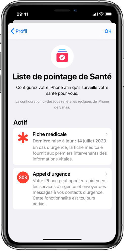 Écran « Liste de pointage de Santé » montrant que « Fiche médicale » et « Appel d’urgence » sont actifs.