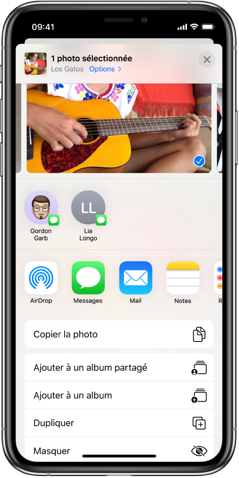 L’écran de partage de Photos. La photo sélectionnée se trouve en haut de l’écran. Les options de partage figurent dessous. Sous les actions de partage se trouve une liste d’actions, à savoir, de haut en bas : « Copier la photo », « Ajouter à un album partagé », « Ajouter à un album », Dupliquer et Masquer.