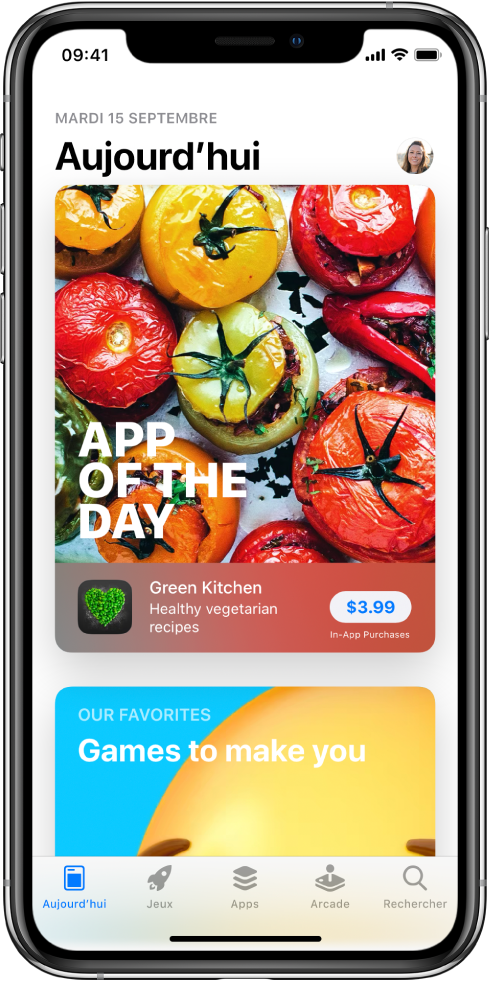 Écran Aujourd’hui de l’App Store montrant une app recommandée. Votre photo de profil, que vous touchez pour afficher les achats et gérer les abonnements, se trouve en haut à droite. En bas de l’écran, de gauche à droite, se trouvent les onglets Aujourd’hui, Jeux, Apps, Arcade et Rechercher.