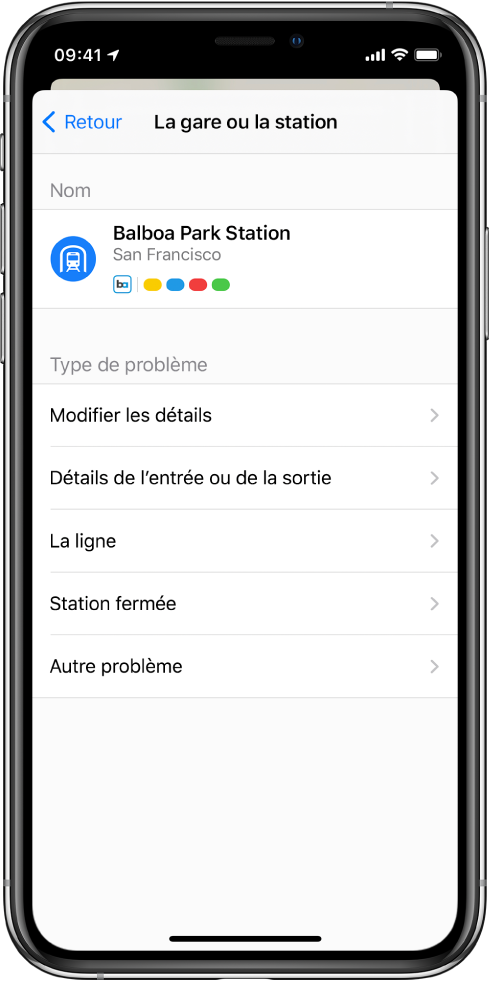 Un écran indiquant un signalement des informations incorrectes pour une station de transports. Les types de problèmes disponibles pour le signalement sont « Modifier les détails », « Détails de l’entrée ou de la sortie », « La ligne », « Station fermée » et « Autre problème ».