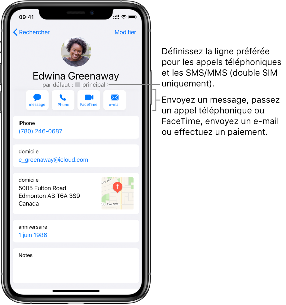 L’écran Infos pour un contact. Le nom et la photo du contact se trouvent en haut. En dessous se trouvent les boutons pour envoyer un message, passer un appel, passer un appel FaceTime, envoyer un message par e-mail et envoyer de l’argent via Apple Pay. Sous les boutons se trouvent les coordonnées du contact.