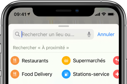 Des catégories correspondant à six services à proximité s’affichent en dessous du champ de recherche. Les catégories sont Restaurant, Épiceries, « Livraisons de nourriture » et « Stations-service ».