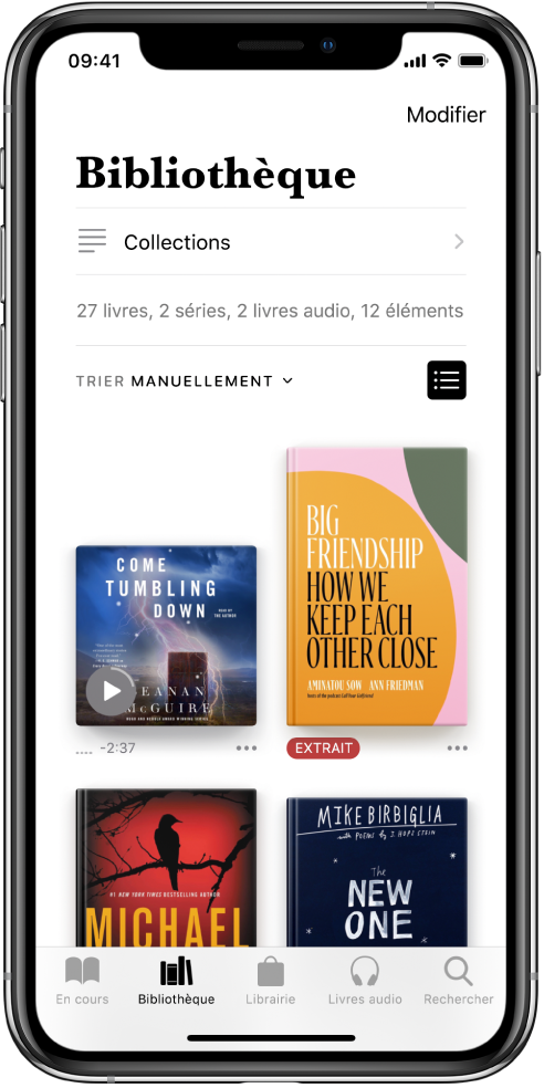 L’écran Bibliothèque dans l’app Livres. En haut de l’écran se trouvent le bouton Collections et les options de tri. L’option de tri Récents est sélectionnée. Au milieu de l’écran se trouvent les couvertures des livres de la bibliothèque. En bas de l’écran se trouvent, de gauche à droite, les onglets En cours, Bibliothèque, Librairie, Livres audio , et Rechercher.