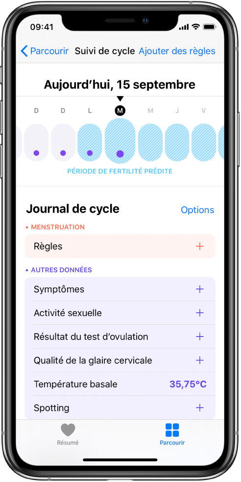 Écran Suivi de cycle affichant la chronologie pour une semaine en haut de l’écran. Les points violets marquent les quatre premiers jours de la chronologie. Les cinq derniers jours sont en bleu clair. Sous la chronologie se trouvent des options pour ajouter des informations sur les règles, des symptômes et plus encore.
