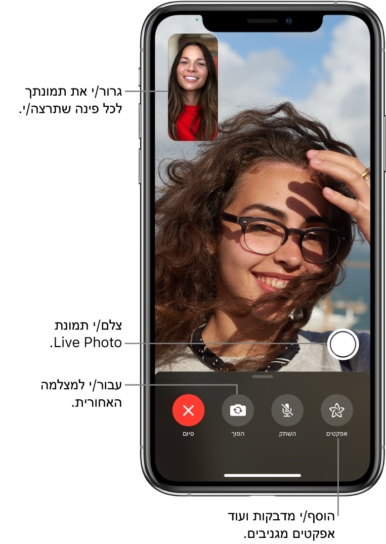 מסך FaceTime מציג שיחה. התמונה שלך מופיעה בתוך מלבן קטן בפינה השמאלית העליונה, והתמונה של האדם השני ממלאת את שאר המסך. לאורך חלקו התחתון של המסך מופיעים הכפתורים ״אפקטים״, ״השתק״, ״הפוך״ ו״סיום״. הכפתור שמאפשר לך לצלם Live Photo נמצא מעל כל אלה.