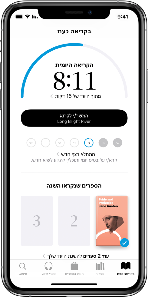 אזור ״יעדי הקריאה״ בתוך ״בקריאה״. מונה הקריאה מראה שהושלמו 10 דקות מתוך יעד קריאה של 20 דקות. מתחת למדך מופיע כפתור ״המשך לקרוא״ עם עיגולים שמראים את ימות השבוע, מיום א׳ עד יום שבת, וכל עיגול עם קו מתאר כחול שמציין את מידת ההתקדמות שלך ביעדי הקריאה עבור כל יום. בתחתית העמוד מופיעות כריכות ״הספרים שנקראו השנה״.