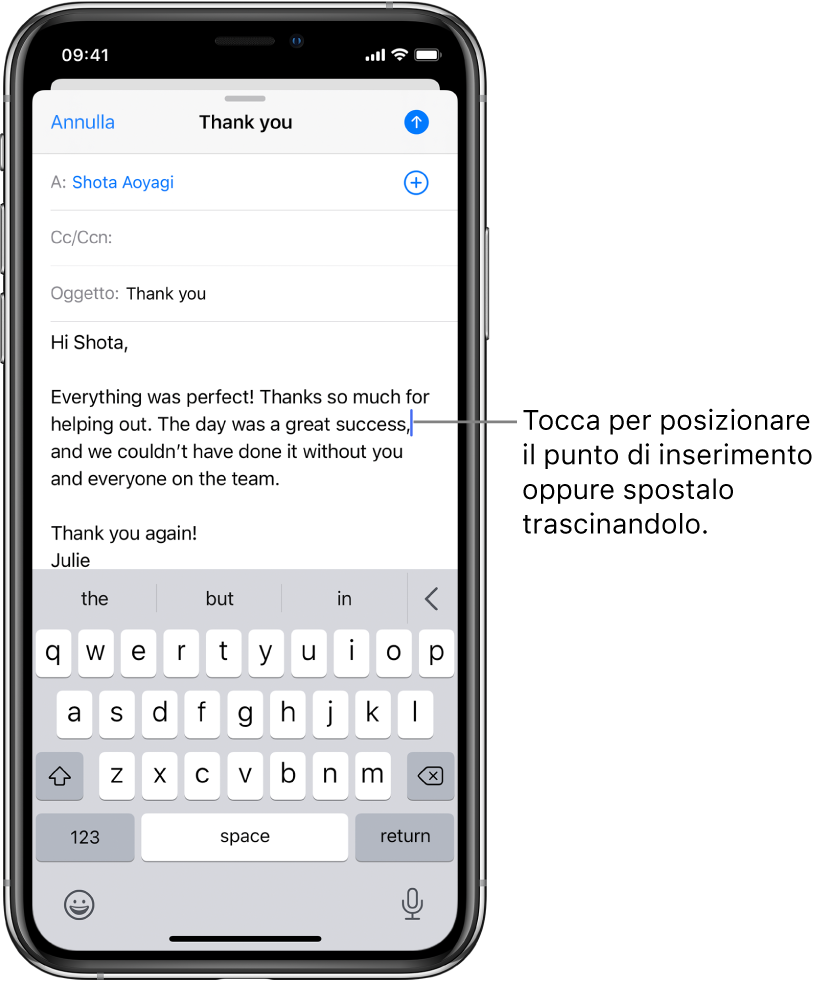 Una bozza di e-mail, che mostra il punto di inserimento posizionato dove andrà il nuovo testo.