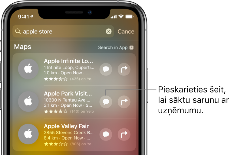 Ekrānā Search redzami atrastie vienumi lietotnei Maps. Katram satura elementam ir īss apraksts, vērtējums vai adrese, un katrai tīmekļa vietnei ir norādīts URL. Otrajam elementam ir poga, kurai var pieskarties, lai sāktu sarunu ar Apple Store pārstāvi.