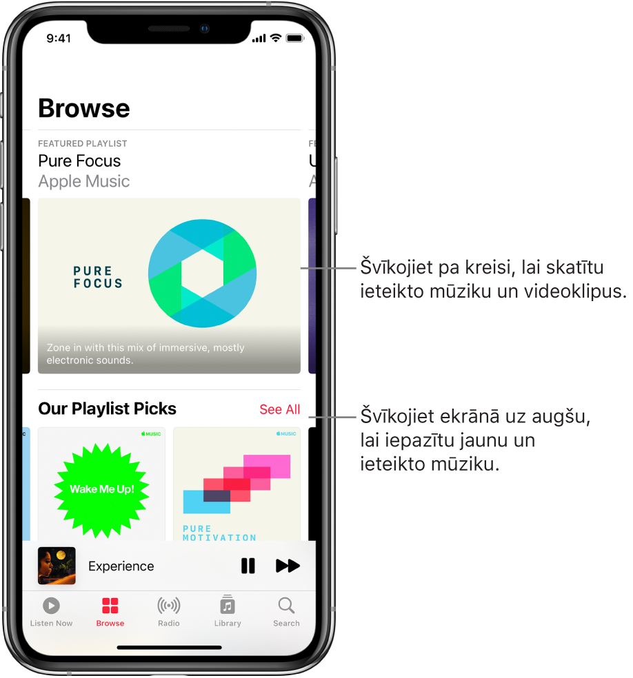 Browse ekrāns, kura augšdaļā ir redzama ieteiktā mūzika. Varat švīkot pa kreisi, lai skatītu papildus ieteikto mūziku un videoklipus. Zem tās ir redzama sadaļa Our Playlist Picks ar divām Apple Music stacijām. Pa labi no You Gotta Hear ir redzama poga See All. Varat švīkot ekrānā uz augšu, lai atklātu jaunu un ieteiktu mūziku.