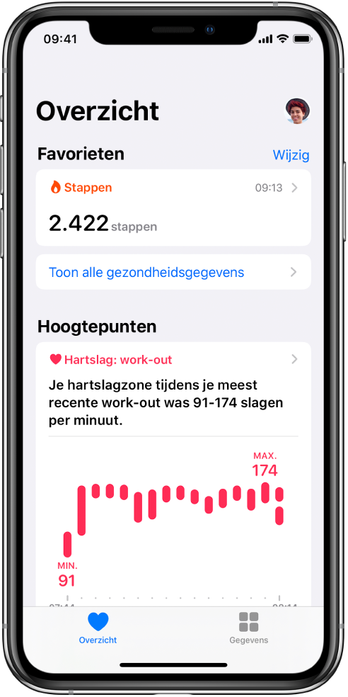 Een Overzicht-scherm met 'Stappen' als categorie in 'Favorieten'. In het scherm staat onder 'Hoogtepunten' informatie over de hartslag tijdens de meest recente work-out.