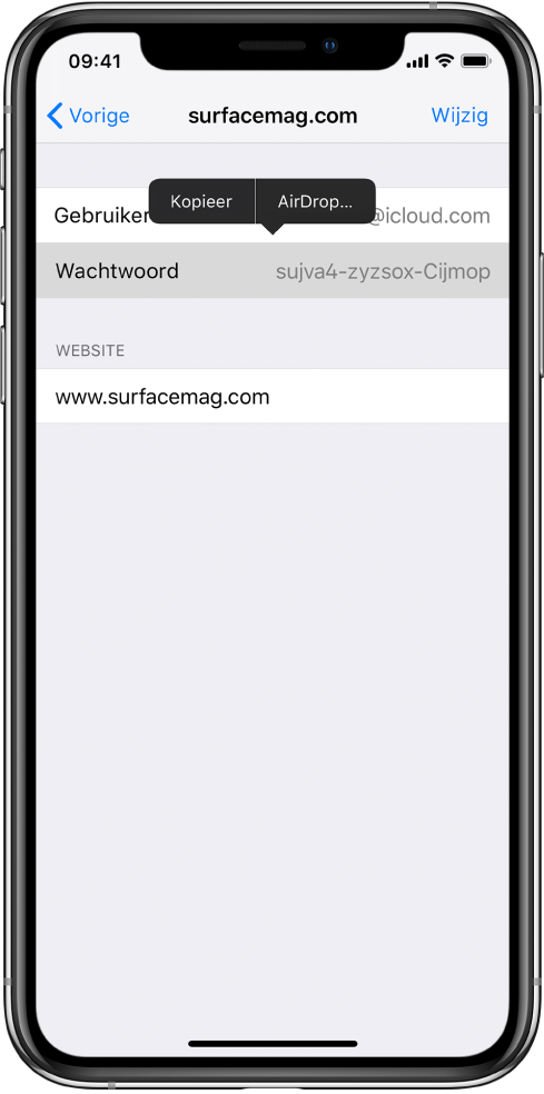 Het accountscherm voor een website. Het wachtwoordgedeelte is geselecteerd en daarboven wordt een menu weergegeven met de onderdelen 'Kopieer' en 'AirDrop'.