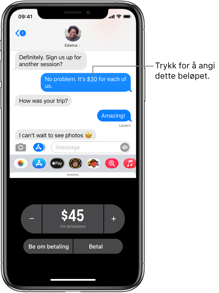 En iMessage-samtale med Apple Pay-appen åpen nederst.