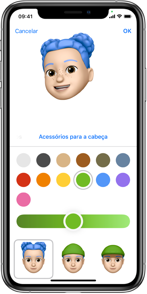 Ecrã de criação de Memoji a mostrar a personagem a ser criada na parte superior, funcionalidades de personalização por baixo da personagem e, por baixo disso, opções para a funcionalidade selecionada. No canto superior direito está o botão OK e no canto superior esquerdo está o botão Cancelar.