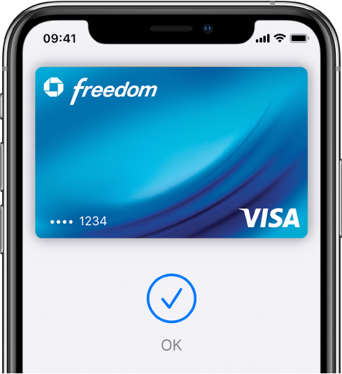 Um cartão de crédito no ecrã da Wallet. Por baixo do cartão, um visto e a palavra OK.