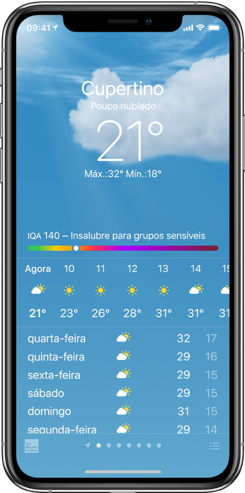 O ecrã Meteorologia a mostrar a localização, a temperatura atual, as temperaturas máxima e mínima do dia, e um gráfico do índice da qualidade do ar que indica “Insalubre para grupos sensíveis”. A meio do ecrã encontra‑se a previsão de hora em hora atual, seguida da previsão para os próximos 7 dias. Uma linha de pontos na parte inferior, ao centro, mostra quantas localizações há na lista de localizações. No canto inferior direito encontra‑se o botão “Editar cidades”.