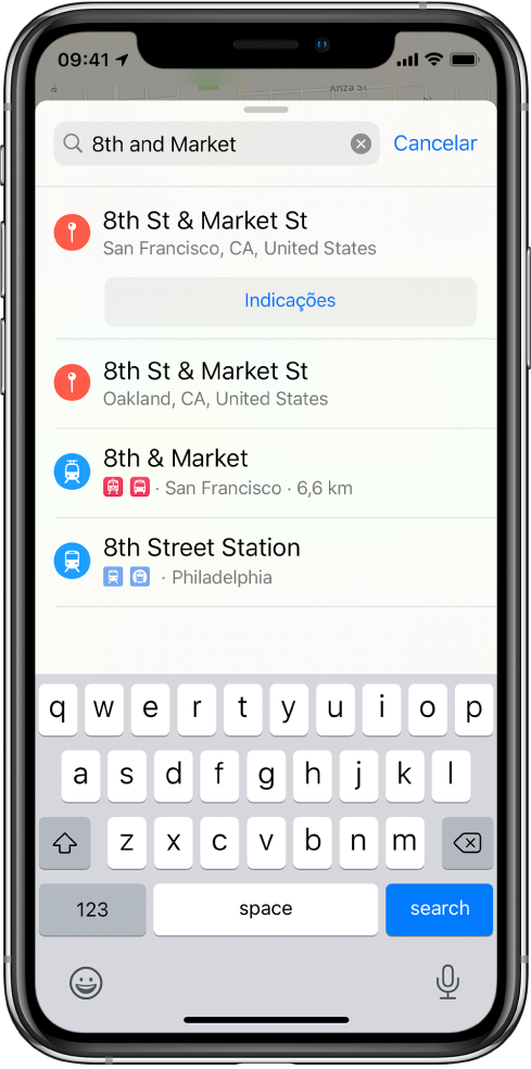 A ficha de pesquisa a mostrar a pesquisa pela frase “8th and Market” e vários resultados.