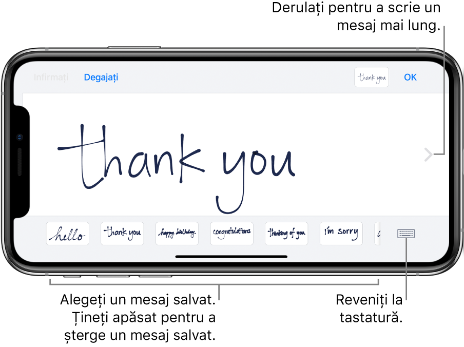 Ecranul pentru scrierea de mână cu un mesaj scris de mână. De-a lungul părții de jos, de la stânga la dreapta, sunt mesajele salvate și butonul Afișați tastatură.