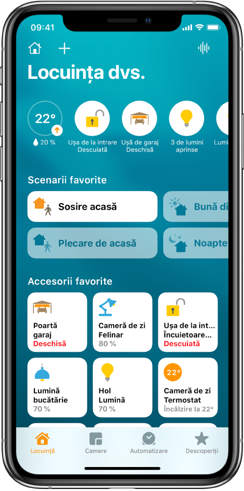 Fila Locuință, care afișează scenarii și accesorii care au fost marcate ca favorite. Sunt afișate și butoane de stare ale accesoriilor. Alte file din partea inferioară sunt Camere și Automatizare.