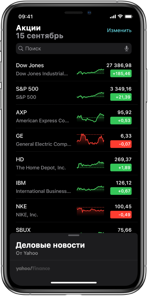 Список, в котором отображается перечень различных акций. На каждой акции отображается следующая информация (слева направо): тикер и название акции, график показателей доходности, цена акции и данные об изменении цены. В верхней части экрана над списком акций расположено поле поиска. Под списком находится раздел «Деловые новости». С помощью жеста смахивания вверх по параметру «Деловые новости» можно отобразить статьи.