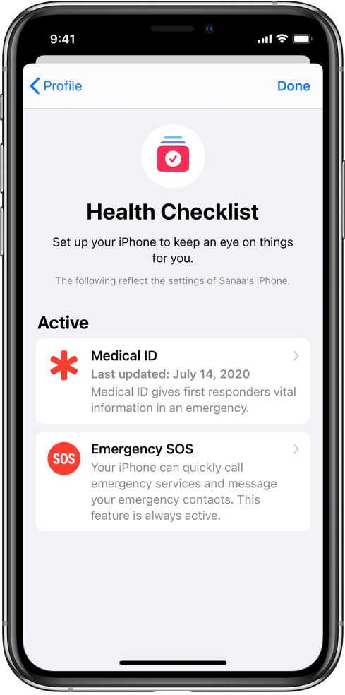 Zaslon Health Checklist s prikazom dejavnih možnosti Medical ID in Emergency SOS.