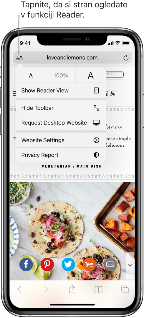 Polje za naslov v brskalniku Safari z gumbom Reader na levi strani.