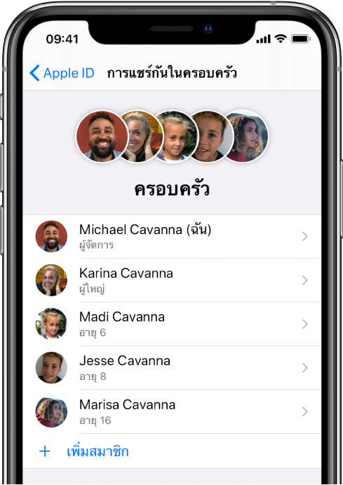 หน้าจอการแชร์กันในครอบครัวในการตั้งค่า สมาชิกครอบครัวห้าคนแสดงอยู่ในรายการและเพิ่มสมาชิกแสดงให้เห็นที่ด้านล่างสุดของหน้าจอ