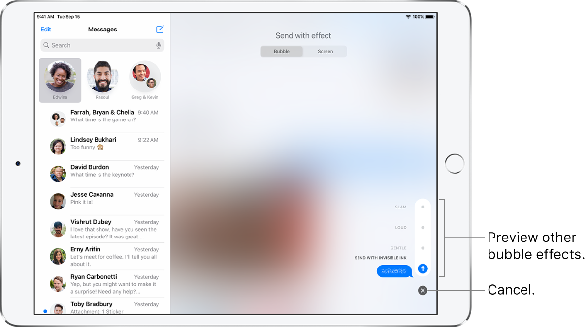 A message preview with the invisible ink effect. At the lower right, tap a control to preview other bubble effects. Tap the same control again to send, or tap the Cancel button below to return to your message.