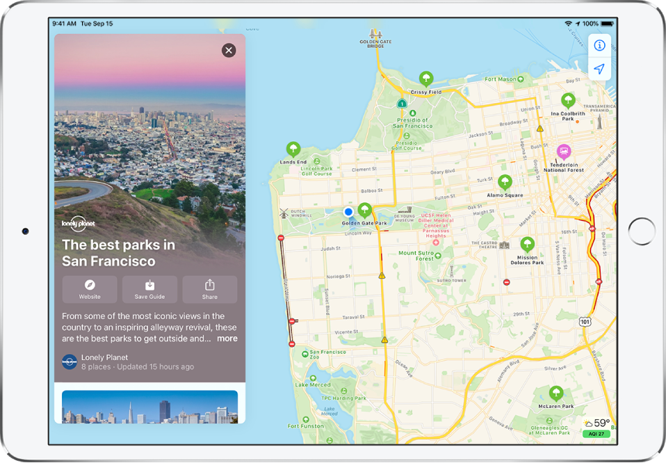 A guide to parks in San Francisco on the left side of a city map.