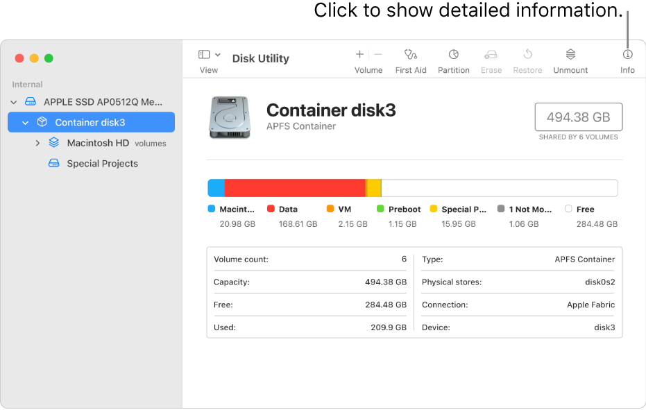 A Disk Utility window showing a storage device selected in the sidebar and information about the device displayed on the right.