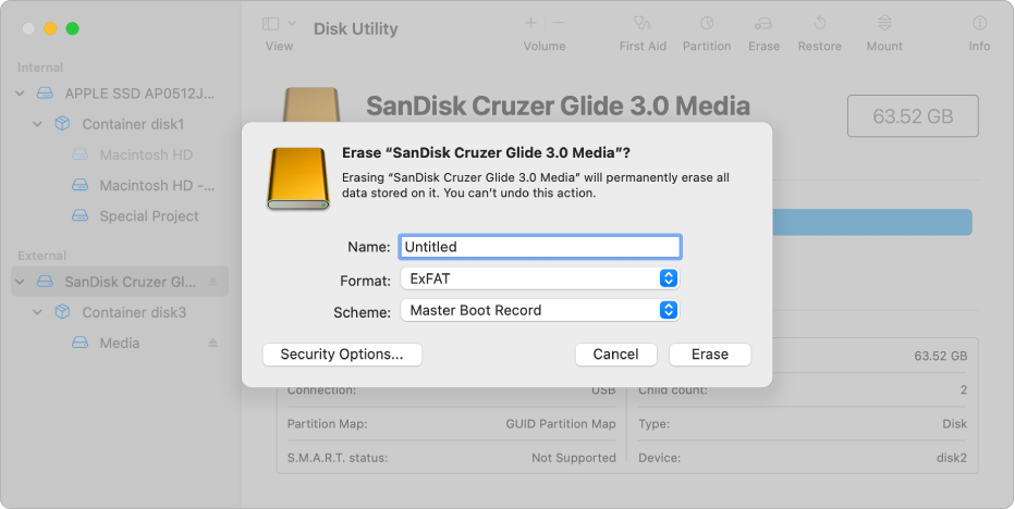 The Erase dialog showing the name, format, and scheme fields.