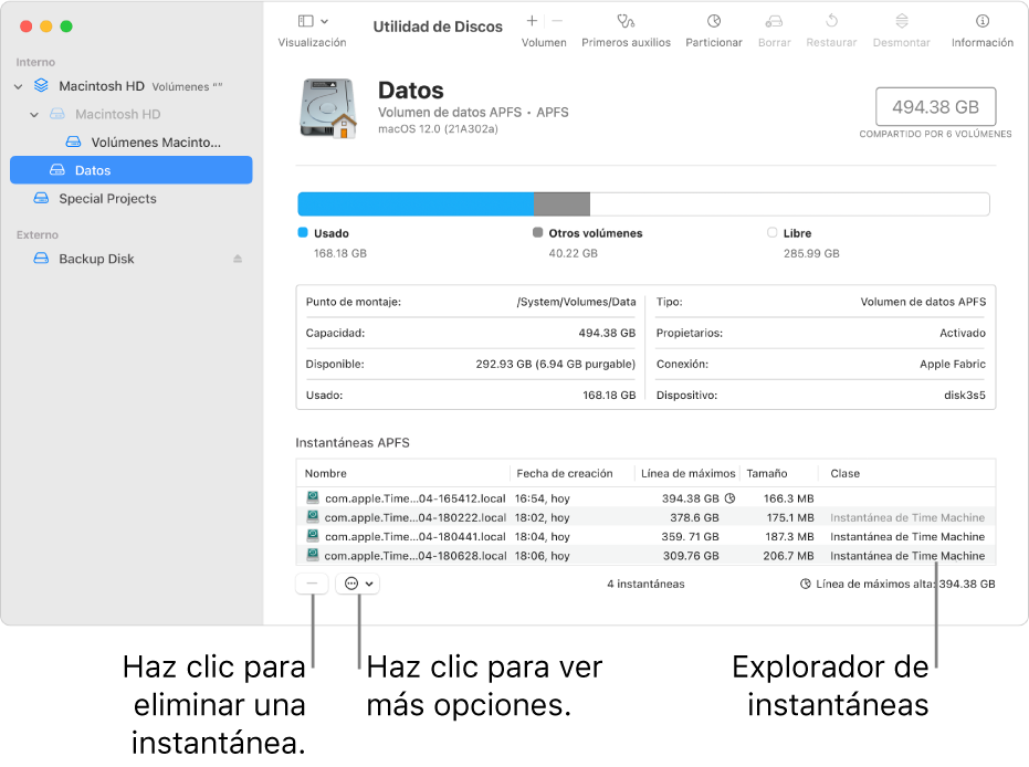 Una ventana de la Utilidad de Discos mostrando el explorador de instantáneas.