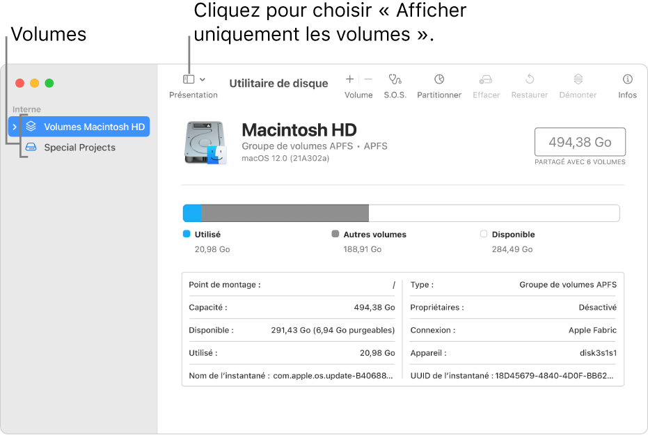 Une fenêtre Utilitaire de disque en présentation « Afficher uniquement les volumes ».