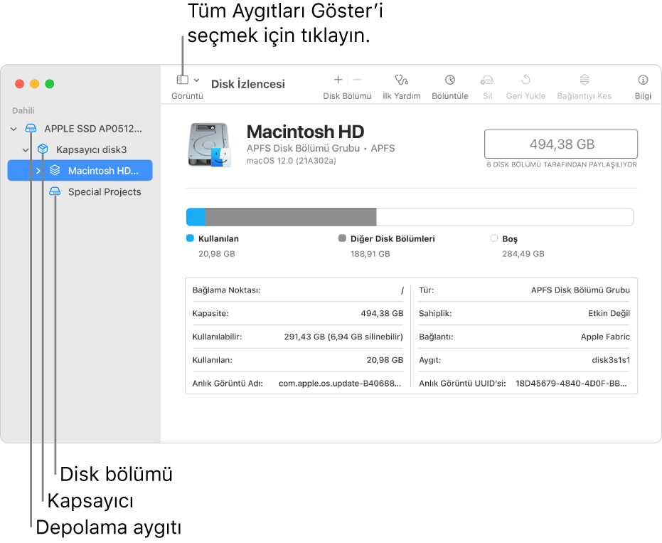 Tüm Aygıtları Göster görüntüsünde üç disk bölümü, bir kapsayıcı ve bir saklama aygıtı gösteren Disk İzlencesi penceresi.