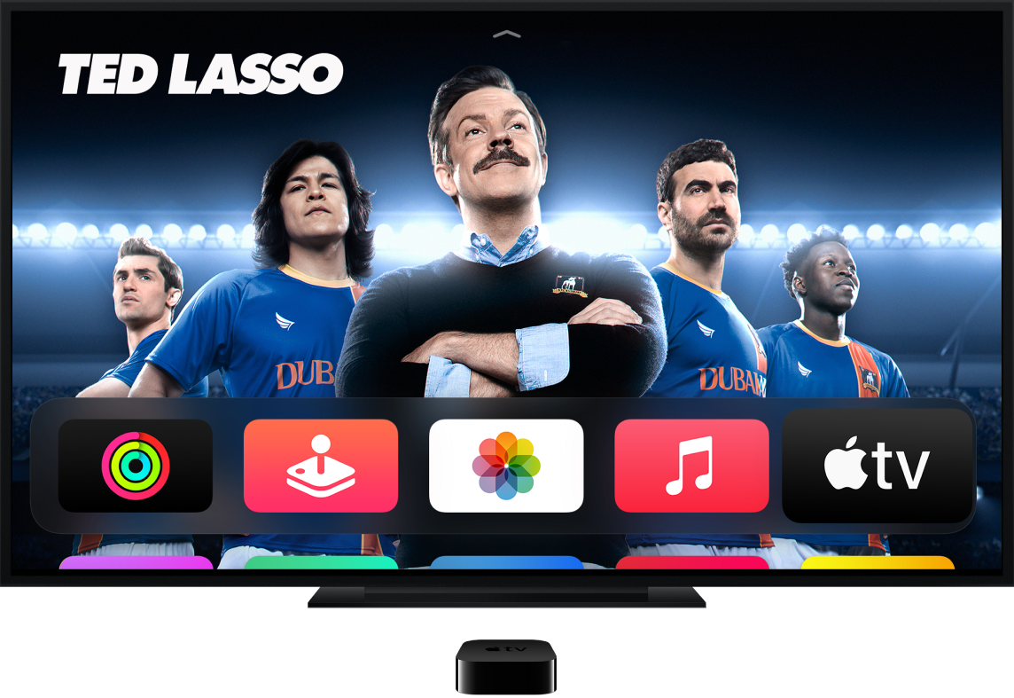 Apple TV מחובר לטלוויזיה המציגה את מסך הבית