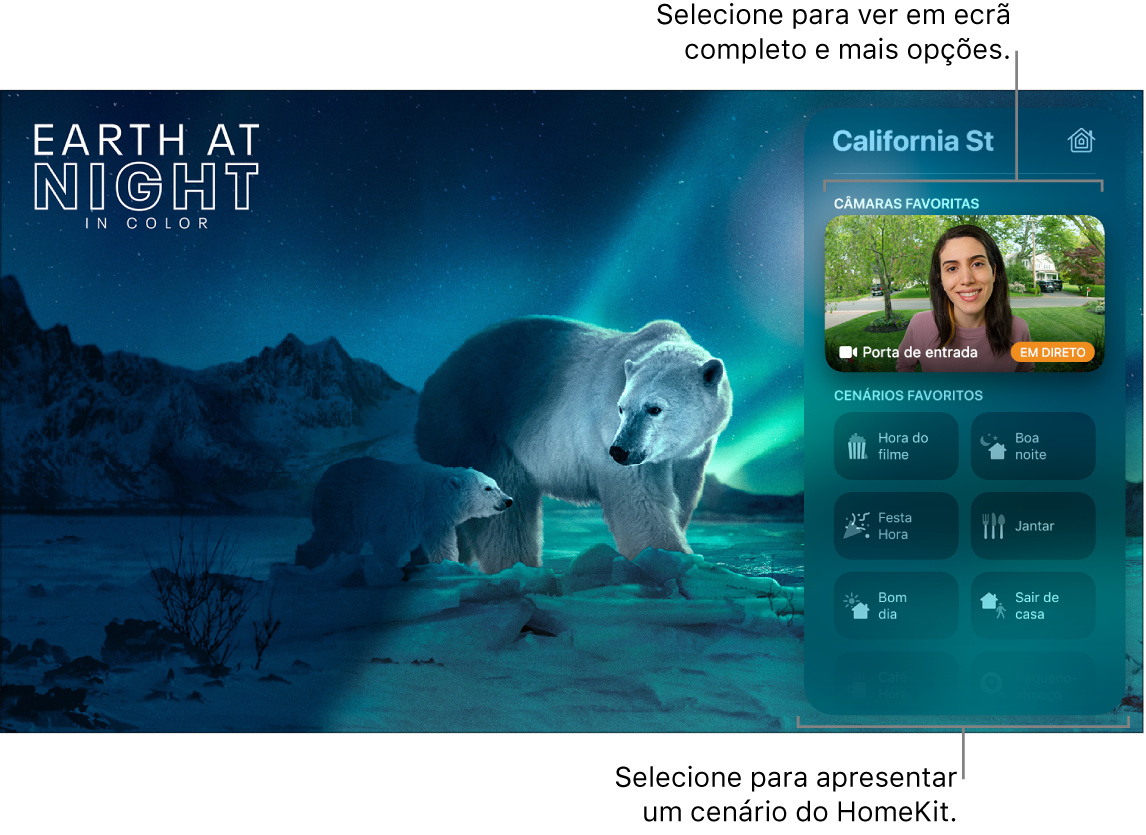 Ecrã da Apple TV a mostrar a vista da central de controlo HomeKit
