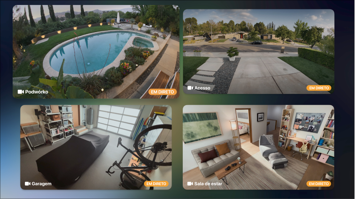 Ecrã da Apple TV a mostrar várias câmaras na vista da central de controlo HomeKit
