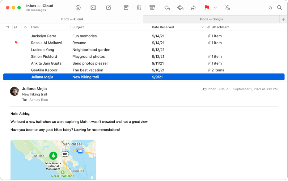 The Mail window showing the message list in column layout—with columns such as From, Subject, and Date Received—and the message preview below the list.